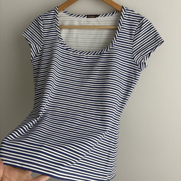J McLaughlin Small Top Blue White Striped Nylon Blouse Cap Sleeve Summer Top - Picture 2 of 8